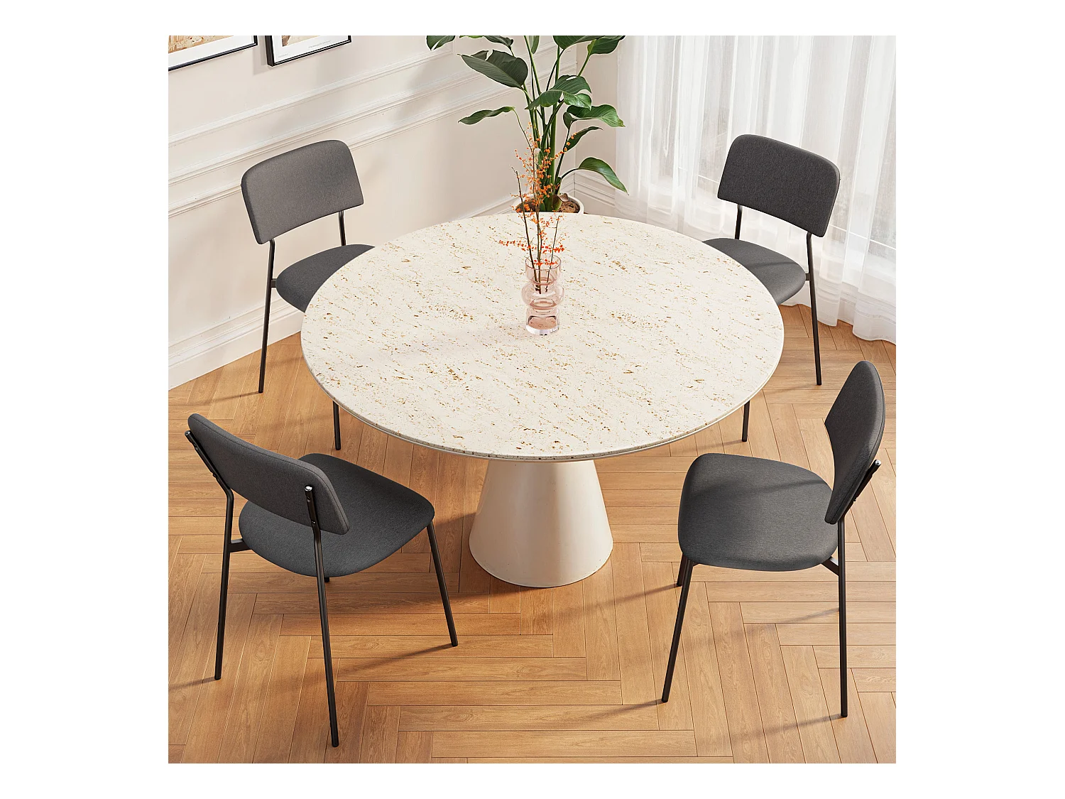 Bealife Set van 4 stoelen met kussen – Metalen frame, Rugleuning, Donkergrijs