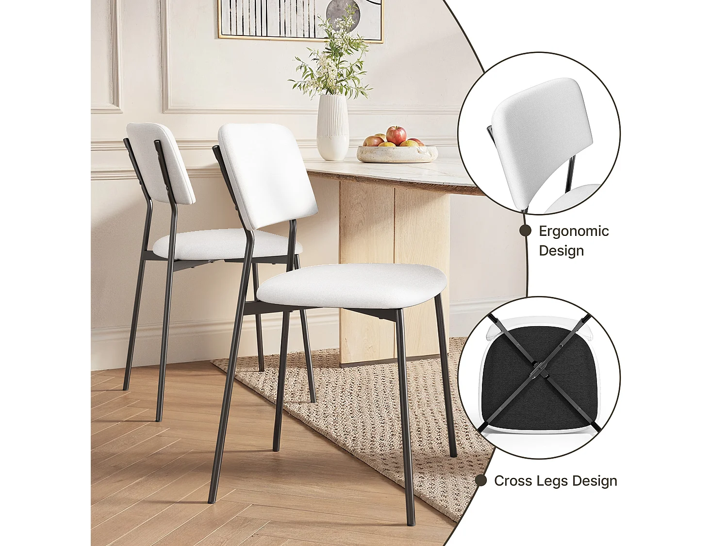 Bealife Ensemble de 2 Chaises avec Coussin – Cadre Métallique, Dossier, Blanc