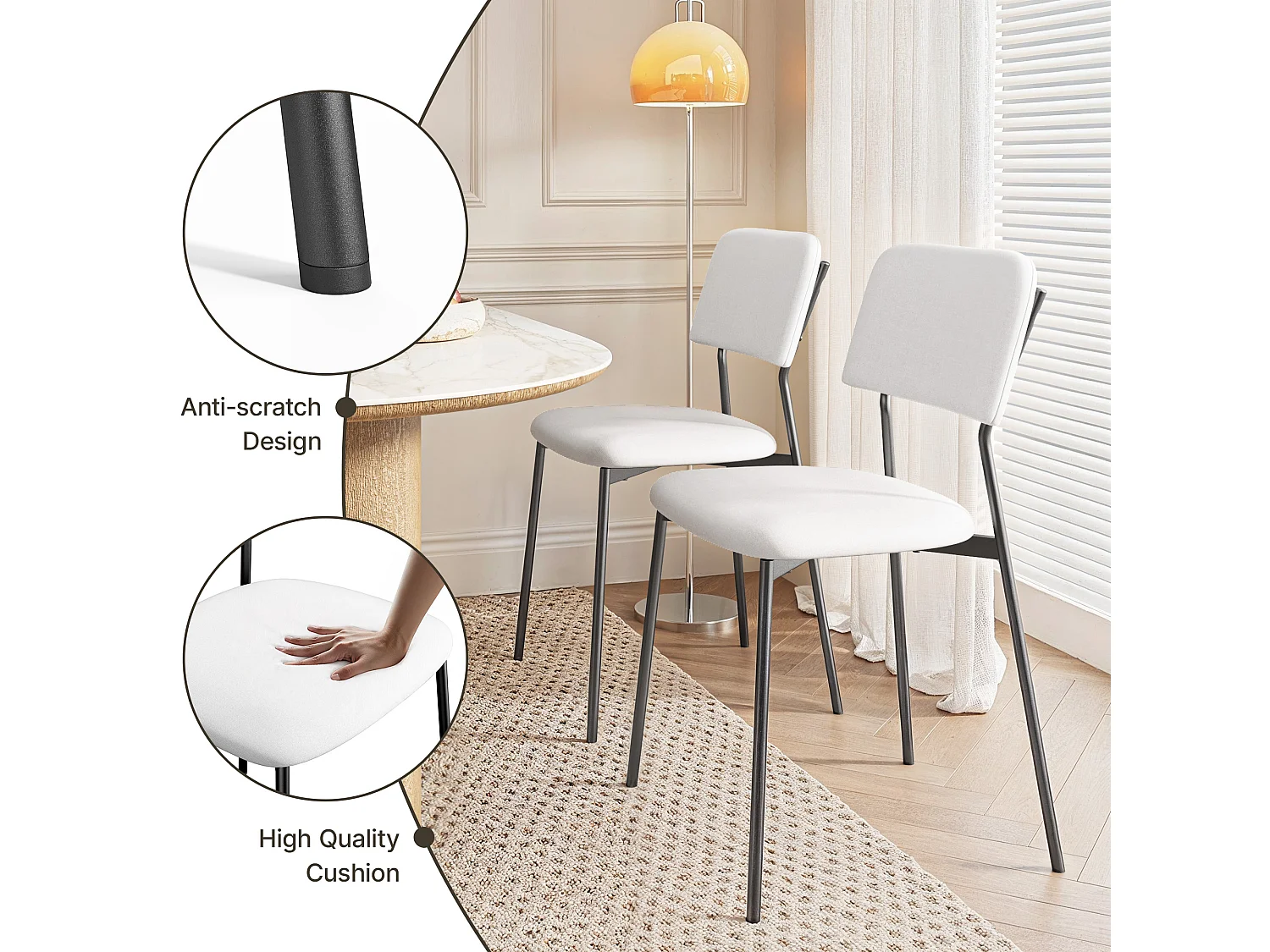 Bealife Ensemble de 2 Chaises avec Coussin – Cadre Métallique, Dossier, Blanc