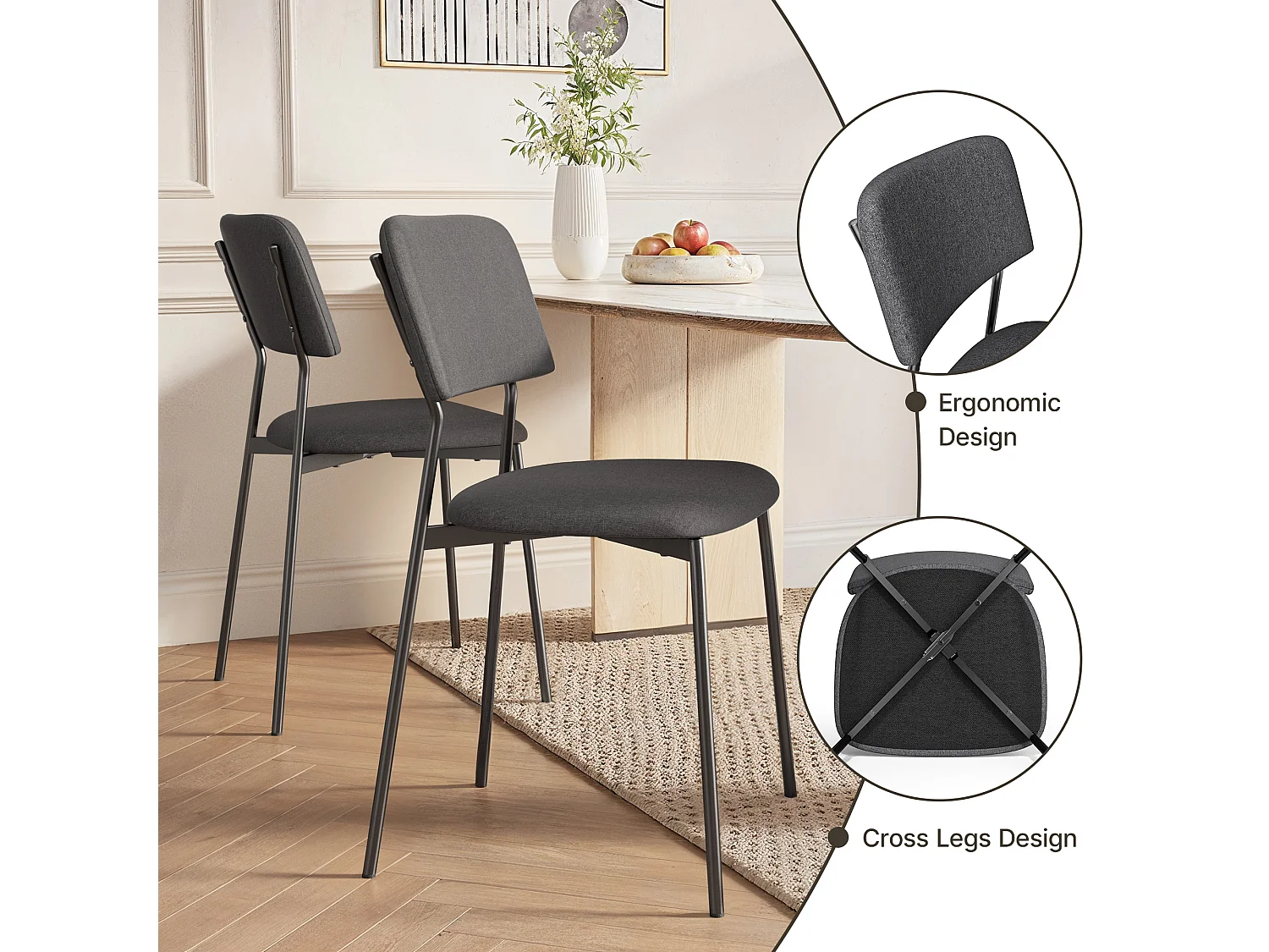Bealife Set van 2 stoelen met kussen – Metalen frame, Rugleuning, Donkergrijs