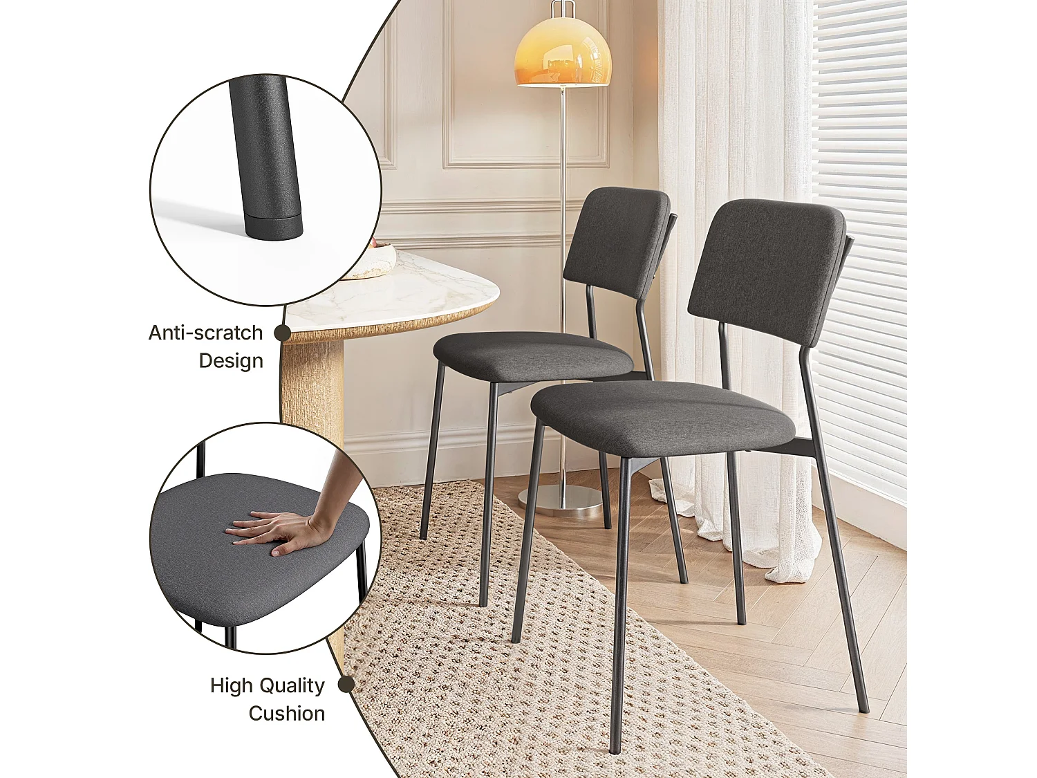 Bealife Set van 2 stoelen met kussen – Metalen frame, Rugleuning, Donkergrijs