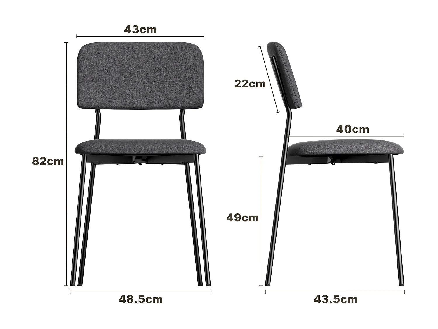 Bealife Set van 2 stoelen met kussen – Metalen frame, Rugleuning, Donkergrijs