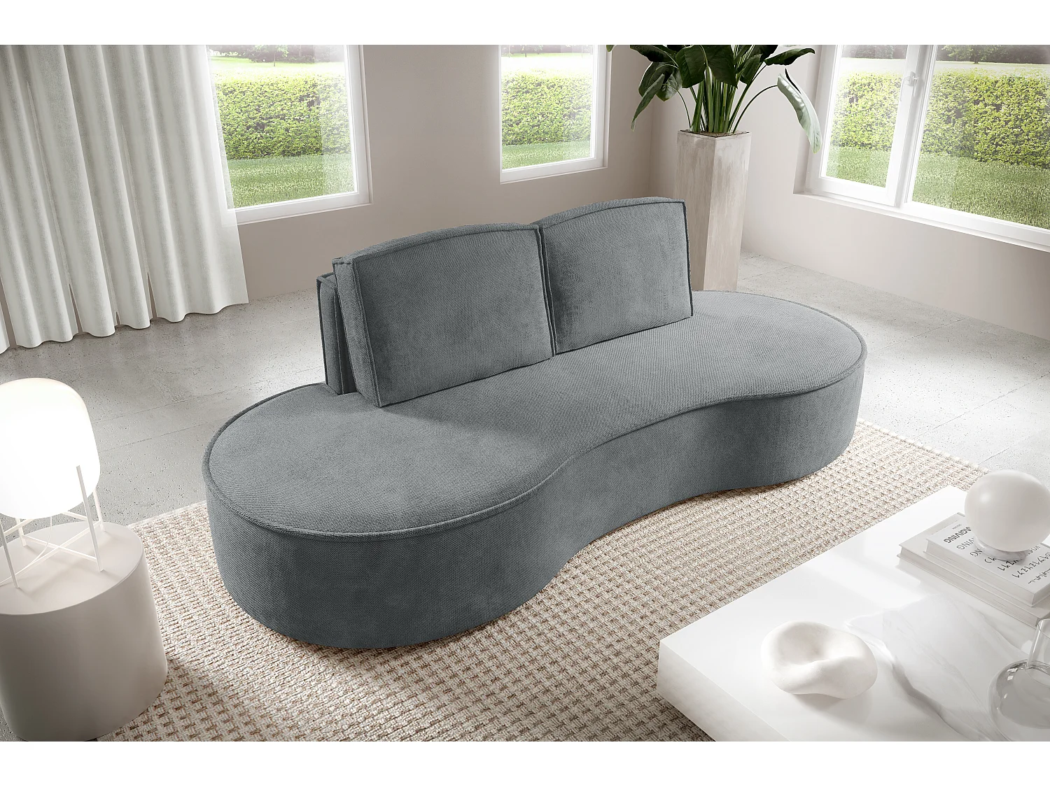 Sofa Molly – Freistehendes Halbrunde Ausführung Designsofa mit zwei eleganten abnehmbaren RückenKissen Curio Stoff Größe: 234x101x88 cm Farbe: Grau