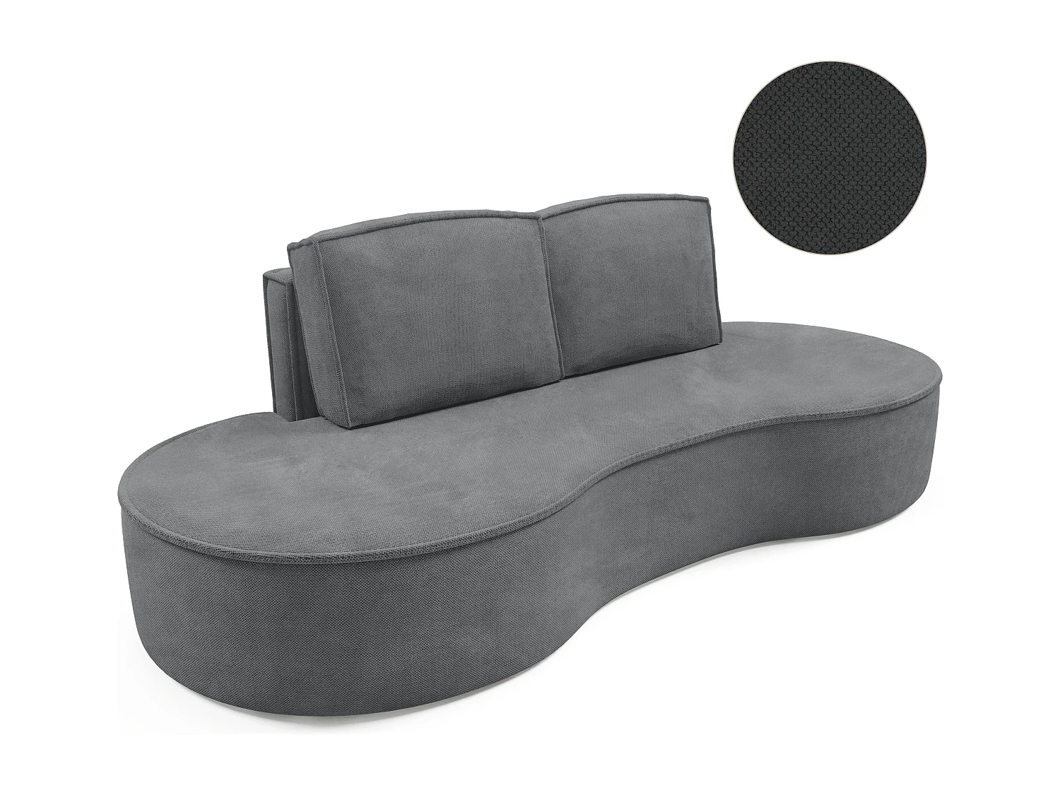 Sofa Molly – Freistehendes Halbrunde Ausführung Designsofa mit zwei eleganten abnehmbaren RückenKissen Curio Stoff Größe: 234x101x88 cm Farbe: Grau
