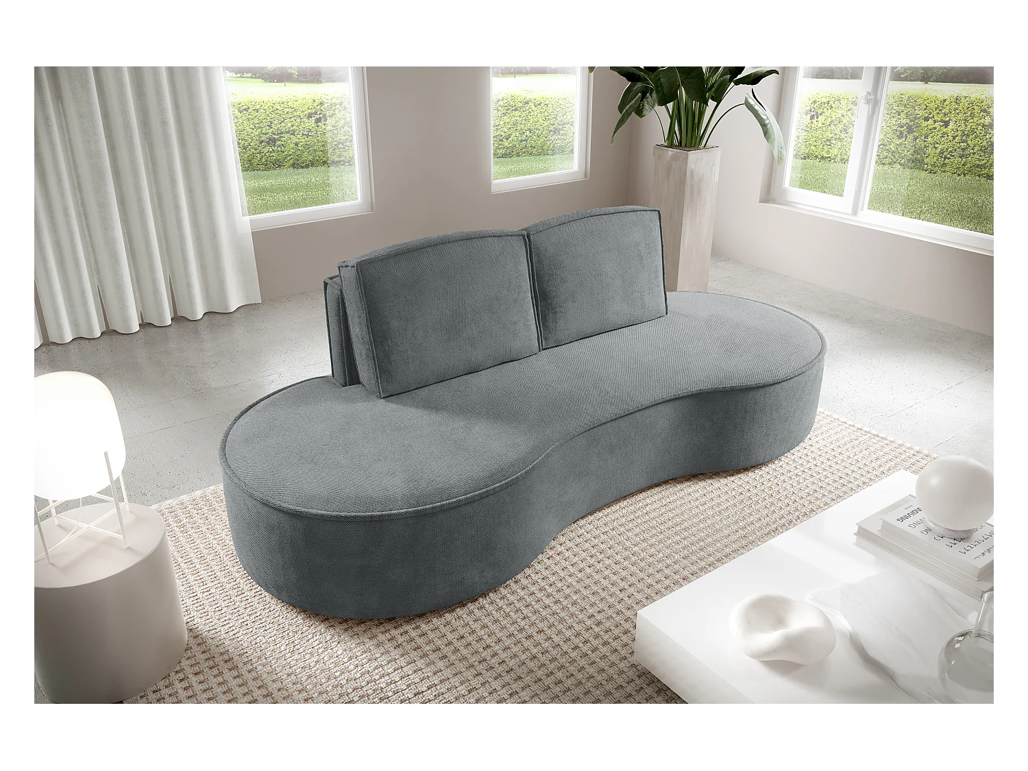 Sofa MOLLY – Design autoportant, forme arrondie, 2 coussins de dossier amovibles, tissu Curio, 234x101x88 cm, couleur gris