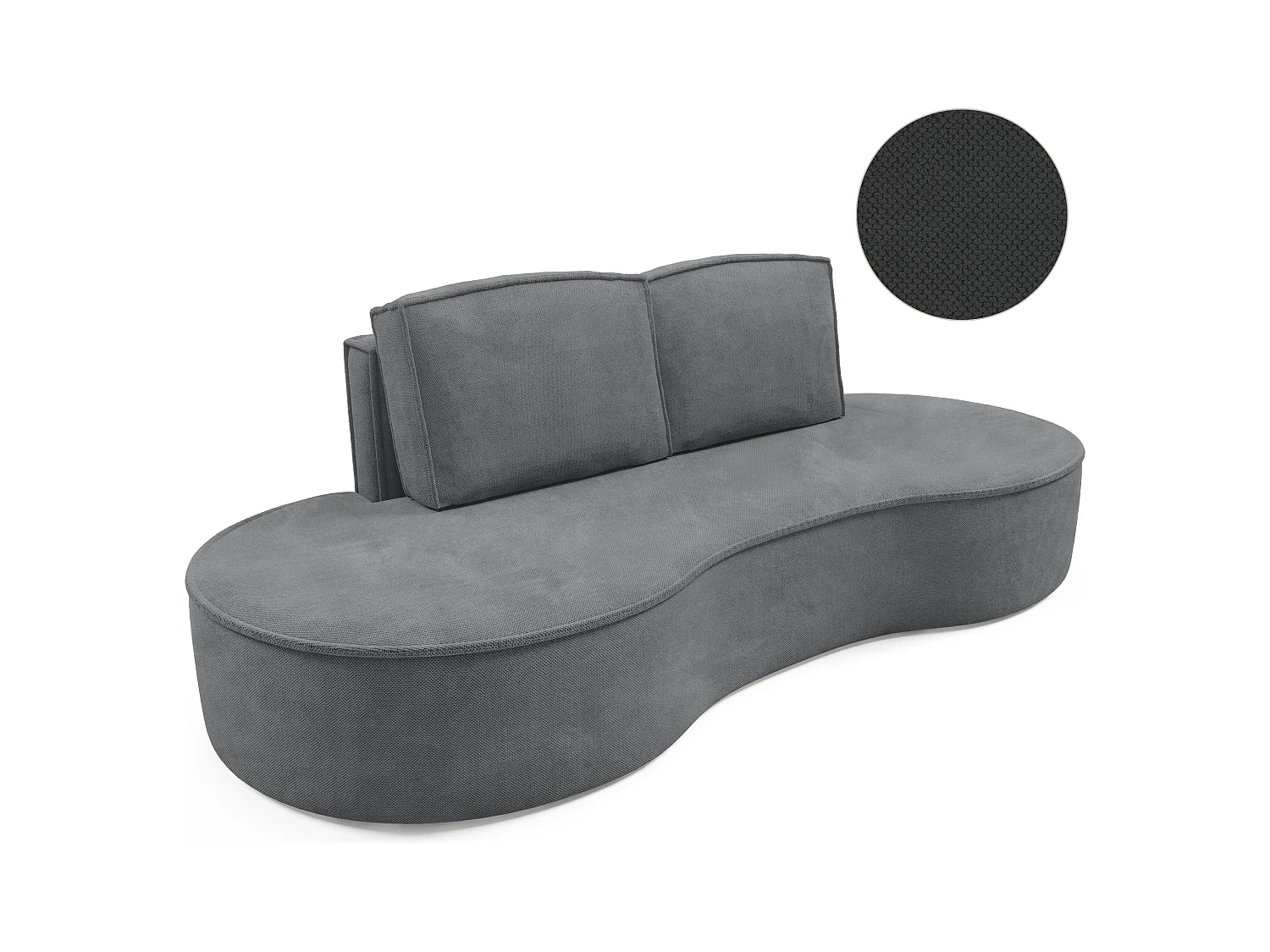 Sofa MOLLY – Design autoportant, forme arrondie, 2 coussins de dossier amovibles, tissu Curio, 234x101x88 cm, couleur gris