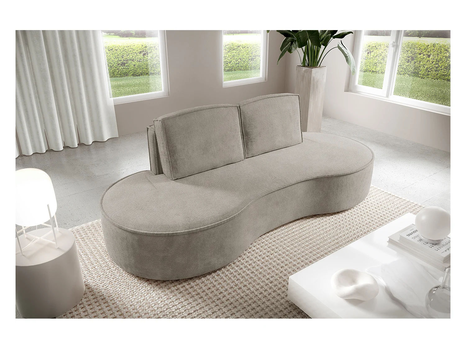 Sofa MOLLY – Halfrond vrijstaand design, 2 afneembare rugkussens, Curio-stof, afm. 234x101x88 cm, kleur: Esdoorn