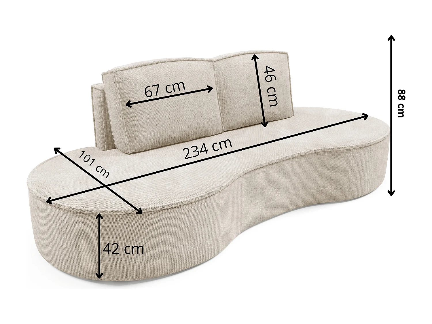 Sofa MOLLY – Halfrond vrijstaand design, 2 afneembare rugkussens, Curio-stof, afm. 234x101x88 cm, kleur: Esdoorn