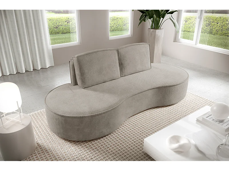 Sofa MOLLY – Halfrond vrijstaand design, 2 afneembare rugkussens, Curio-stof, afm. 234x101x88 cm, kleur: Esdoorn