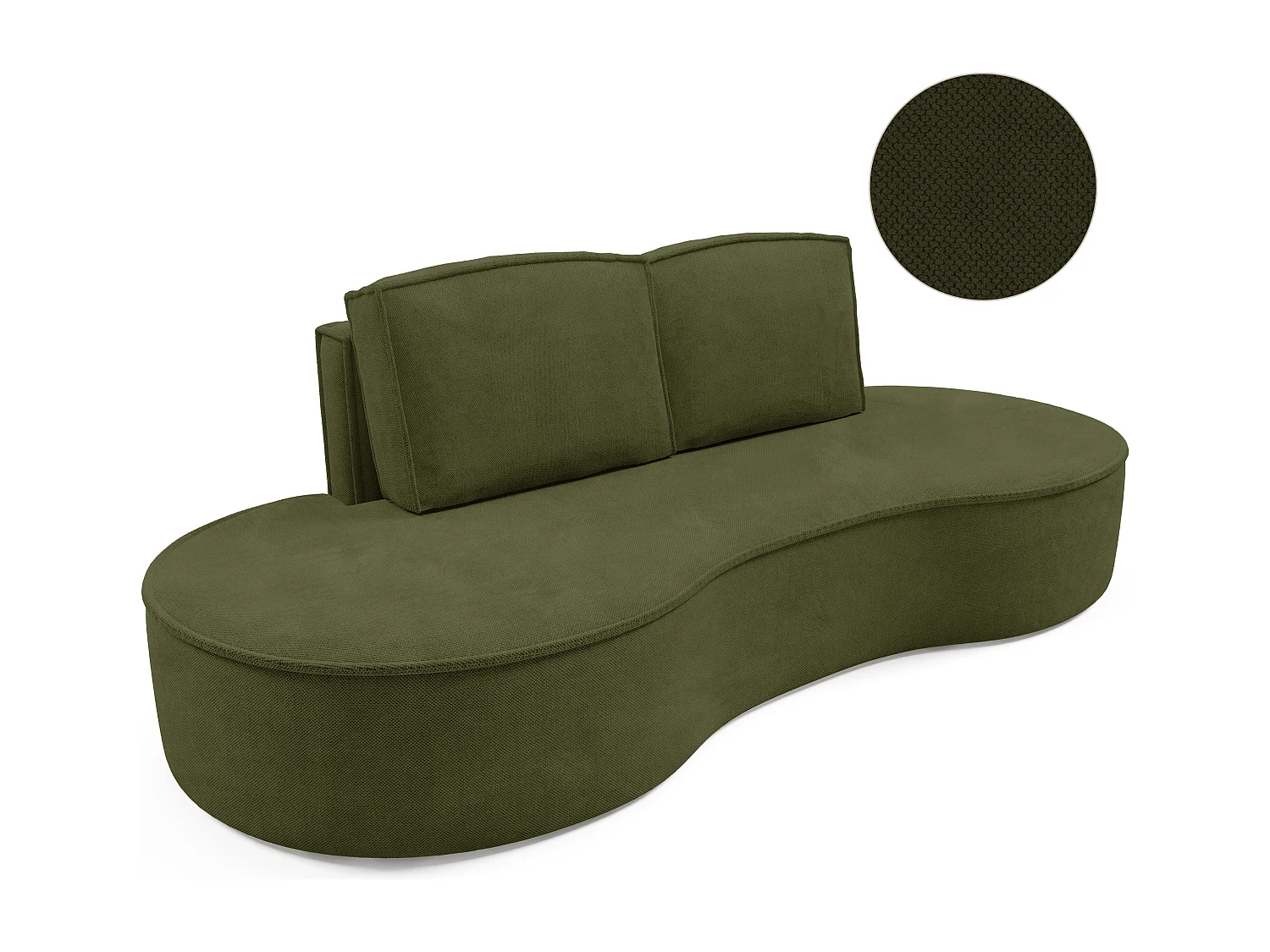 Sofa MOLLY – Halfrond vrijstaand design, 2 afneembare rugkussens, Curio-stof, afm. 234x101x88 cm, kleur: Groen