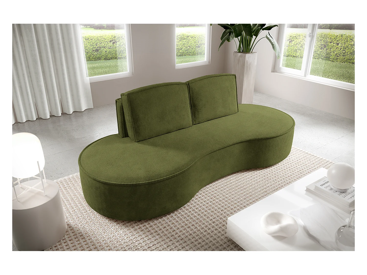 Sofa MOLLY – Halfrond vrijstaand design, 2 afneembare rugkussens, Curio-stof, afm. 234x101x88 cm, kleur: Groen