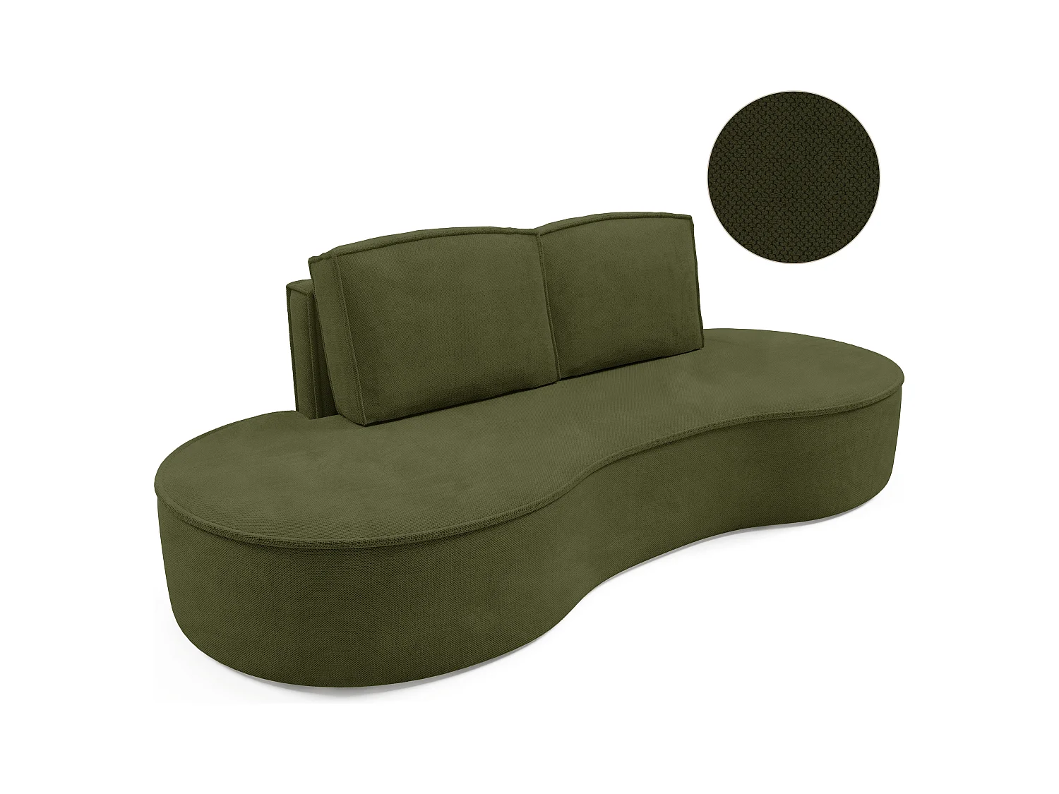 Sofa Molly – Freistehendes Halbrunde Ausführung Designsofa mit zwei eleganten abnehmbaren RückenKissen Curio Stoff Größe: 234x101x88 cm Farbe: Grün