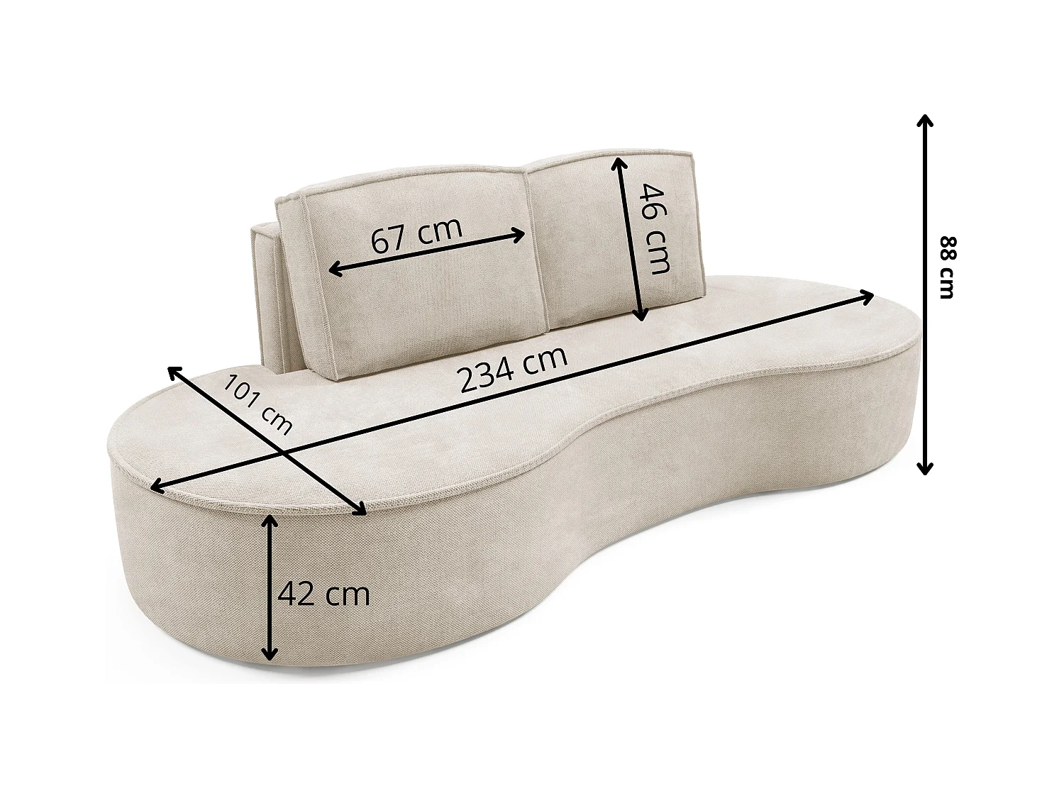 Sofa Molly – Freistehendes Halbrunde Ausführung Designsofa mit zwei eleganten abnehmbaren RückenKissen Curio Stoff Größe: 234x101x88 cm Farbe: Grün