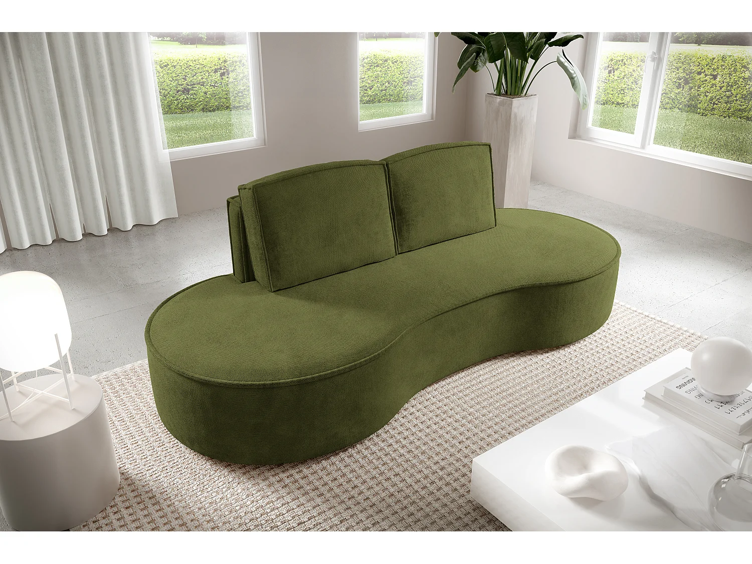 Sofa MOLLY – Halfrond vrijstaand design, 2 afneembare rugkussens, Curio-stof, afm. 234x101x88 cm, kleur: Groen