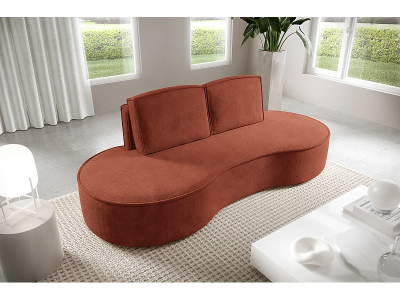 Sofa Molly – Freistehendes Halbrunde Ausführung Designsofa mit zwei eleganten abnehmbaren RückenKissen Curio Stoff Größe: 234x101x88 cm Farbe: Braun