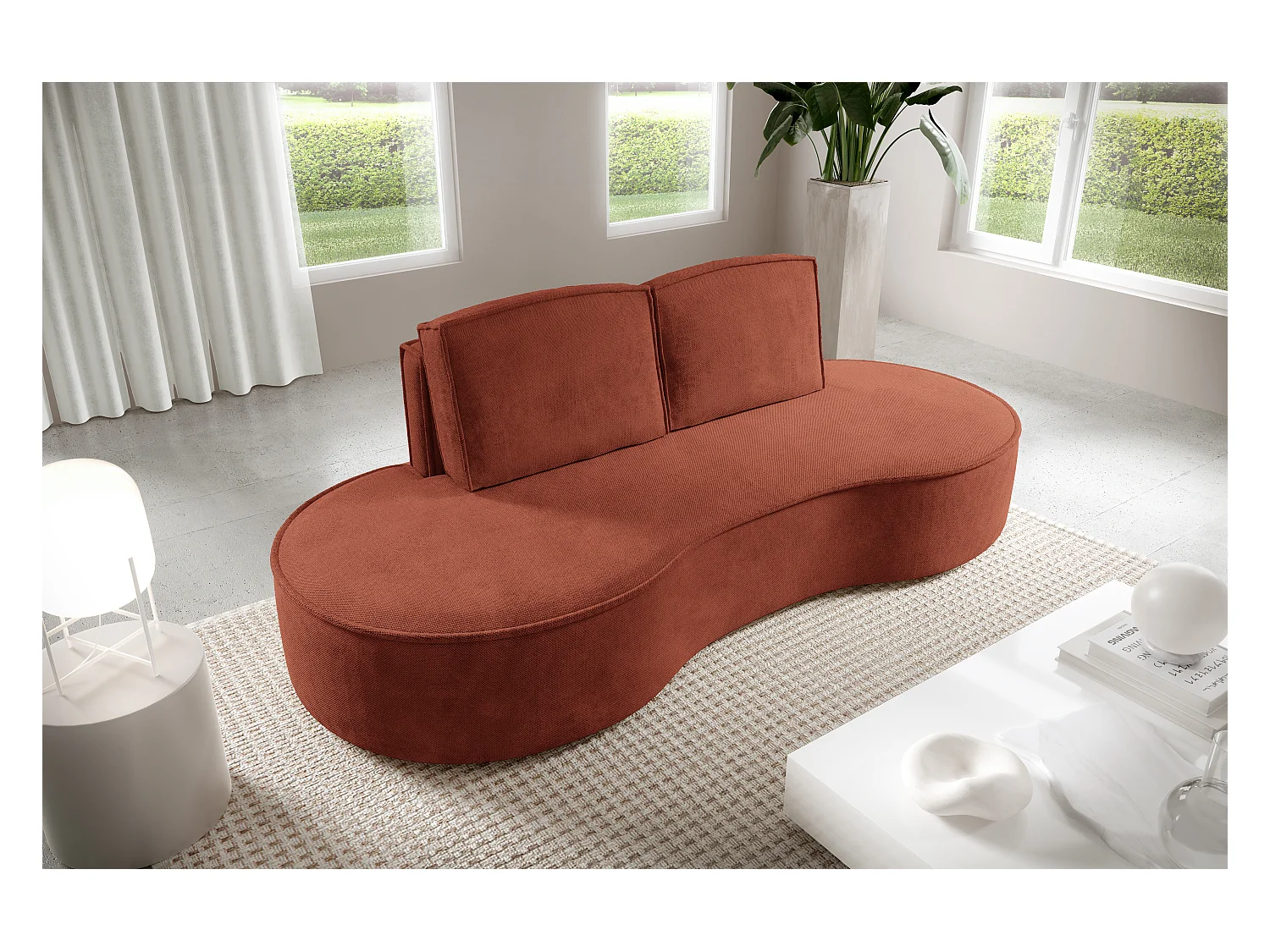 Sofa MOLLY – Halfrond vrijstaand design, 2 afneembare rugkussens, Curio-stof, afm. 234x101x88 cm, kleur: Bruin