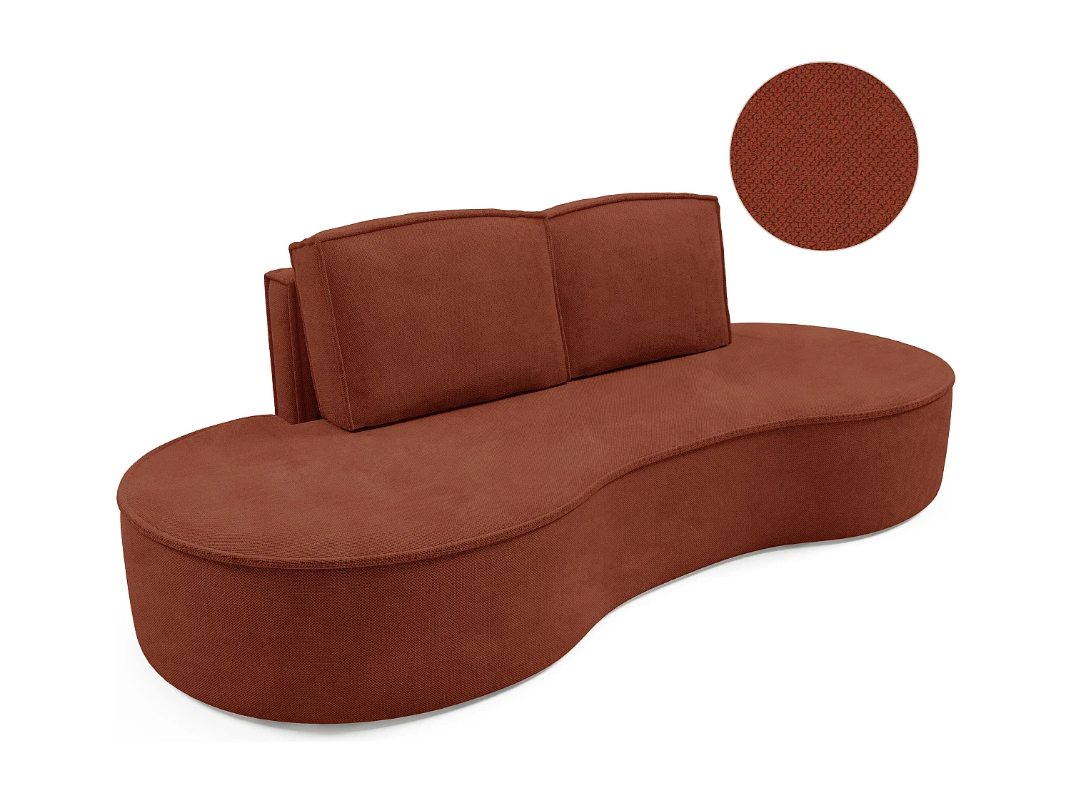 Sofa MOLLY – Halfrond vrijstaand design, 2 afneembare rugkussens, Curio-stof, afm. 234x101x88 cm, kleur: Bruin