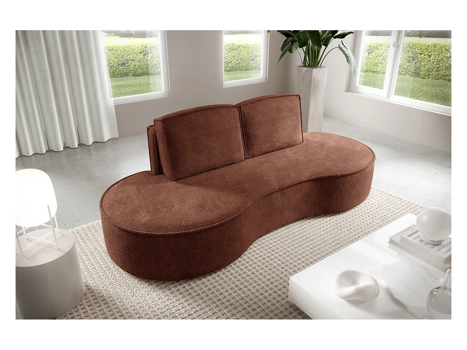 Sofa MOLLY – Design autoportant, forme arrondie, 2 coussins de dossier amovibles, tissu Abriamo, 234x101x88 cm, couleur brun