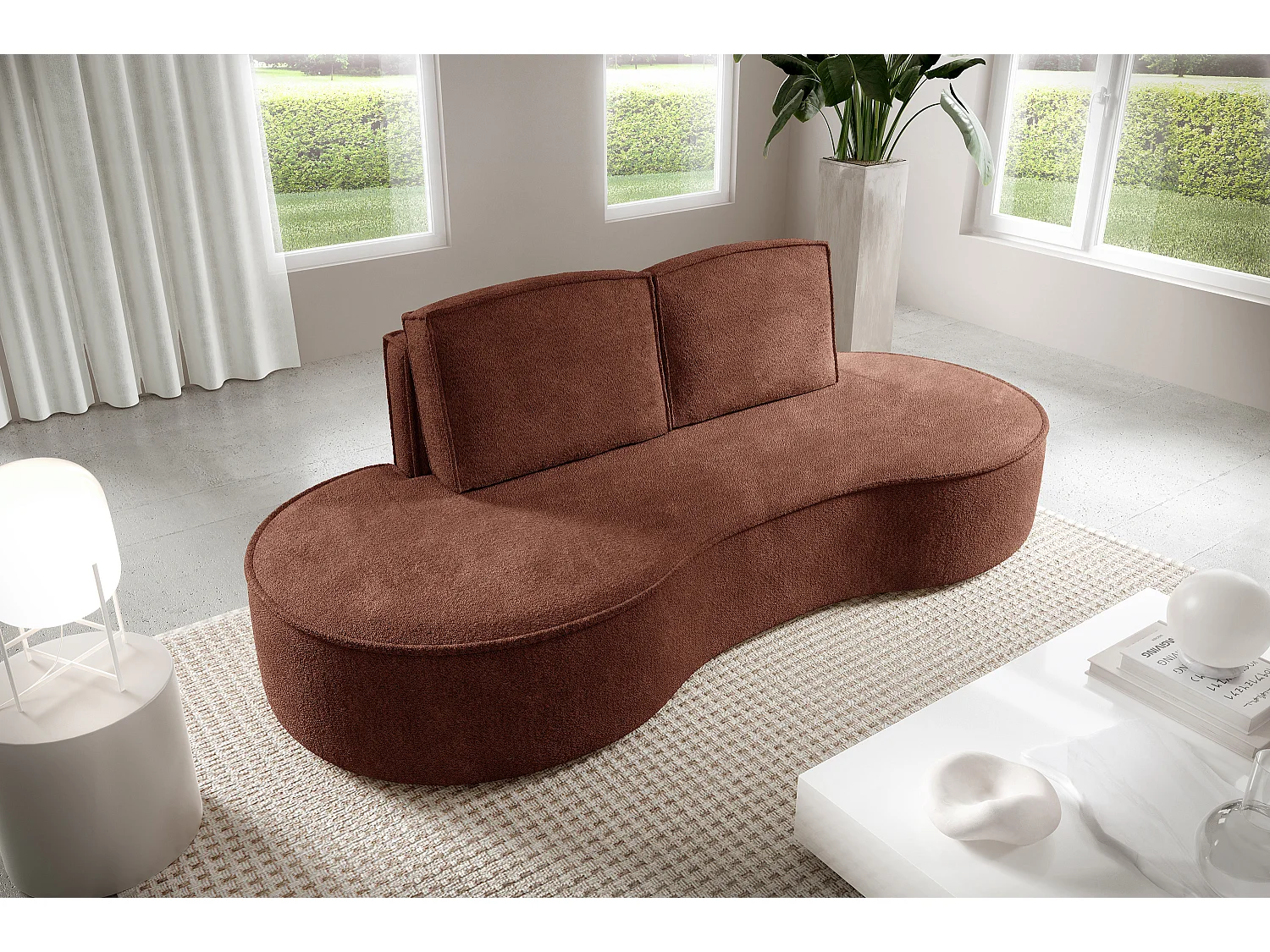 Sofa MOLLY – Halfrond vrijstaand design, 2 afneembare rugkussens, Abriamo-stof, afm. 234x101x88 cm, kleur: Bruin