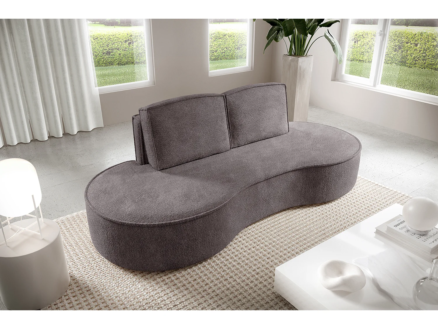 Sofa Molly – Freistehendes Halbrunde Ausführung Designsofa mit zwei eleganten abnehmbaren RückenKissen Abriamo Stoff Größe: 234x101x88 cm Farbe: Grau Seide