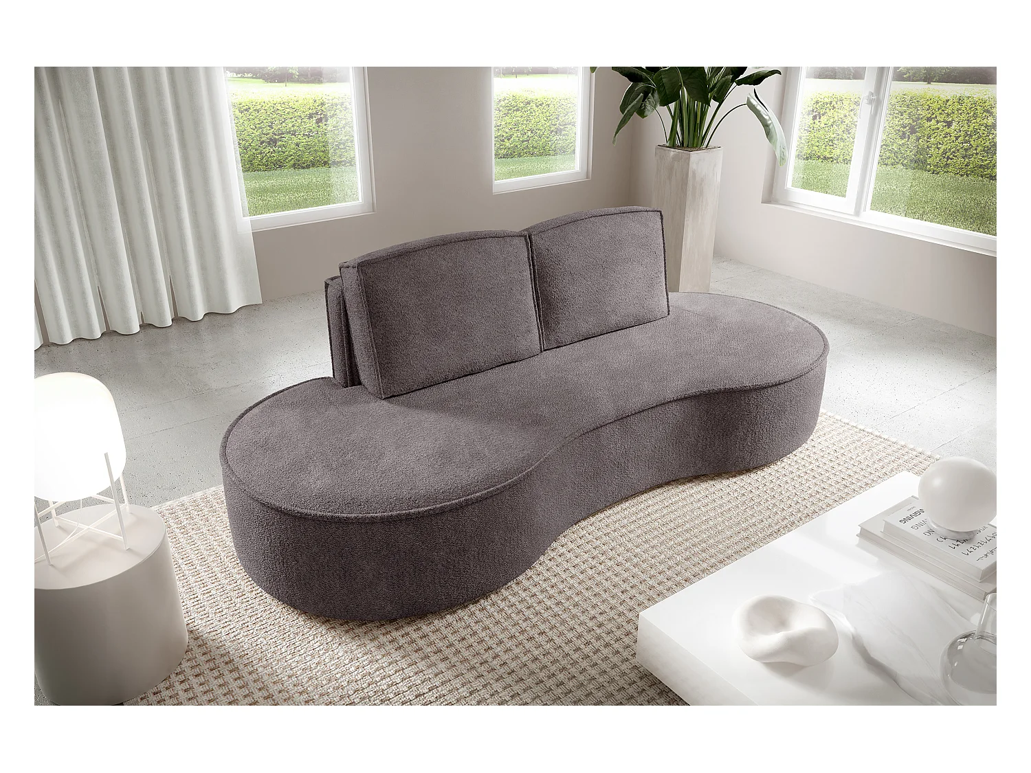 Sofa MOLLY – Halfrond vrijstaand design, 2 afneembare rugkussens, Abriamo-stof, afm. 234x101x88 cm, kleur: Zijdegrijs