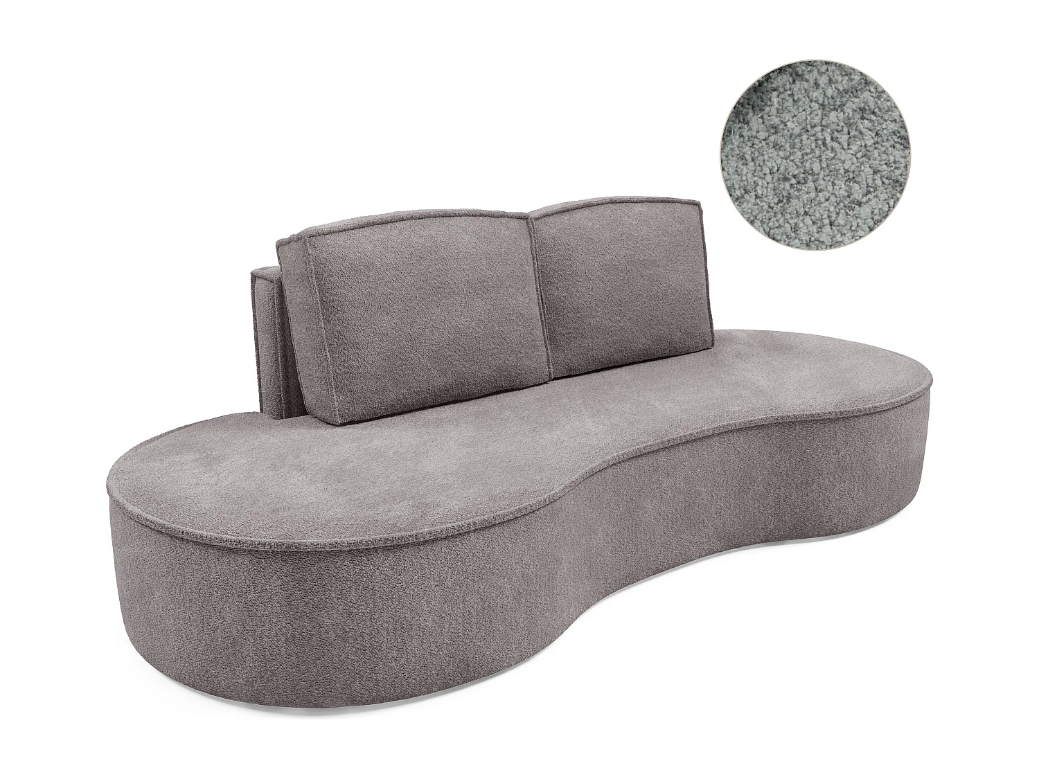 Sofa MOLLY – Halfrond vrijstaand design, 2 afneembare rugkussens, Abriamo-stof, afm. 234x101x88 cm, kleur: Zijdegrijs