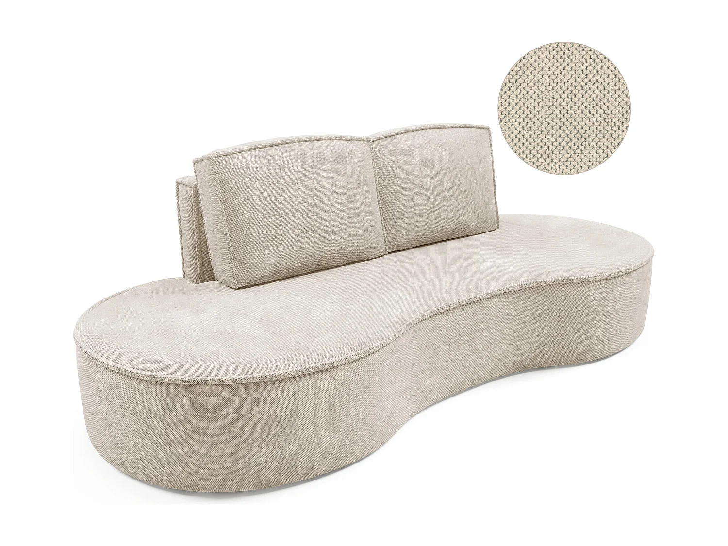 Sofa Molly – Freistehendes Halbrunde Ausführung Designsofa mit zwei eleganten abnehmbaren RückenKissen Curio Stoff Größe: 234x101x88 cm Farbe: Beige