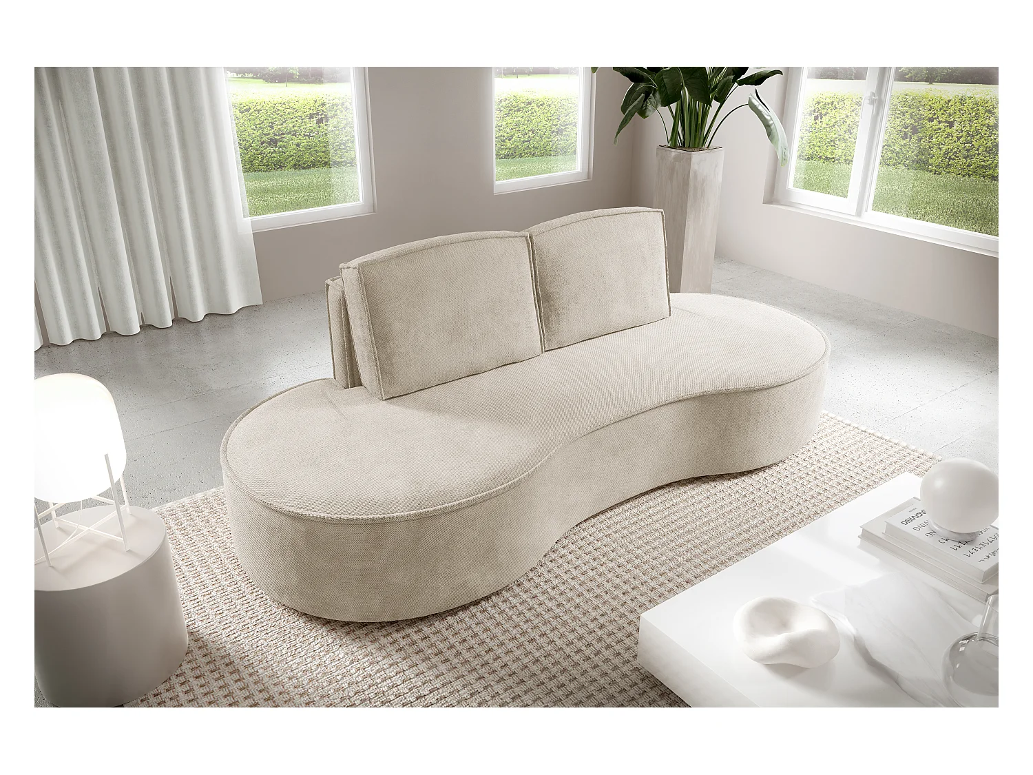 Sofa MOLLY – Halfrond vrijstaand design, 2 afneembare rugkussens, Curio-stof, afm. 234x101x88 cm, kleur: Beige