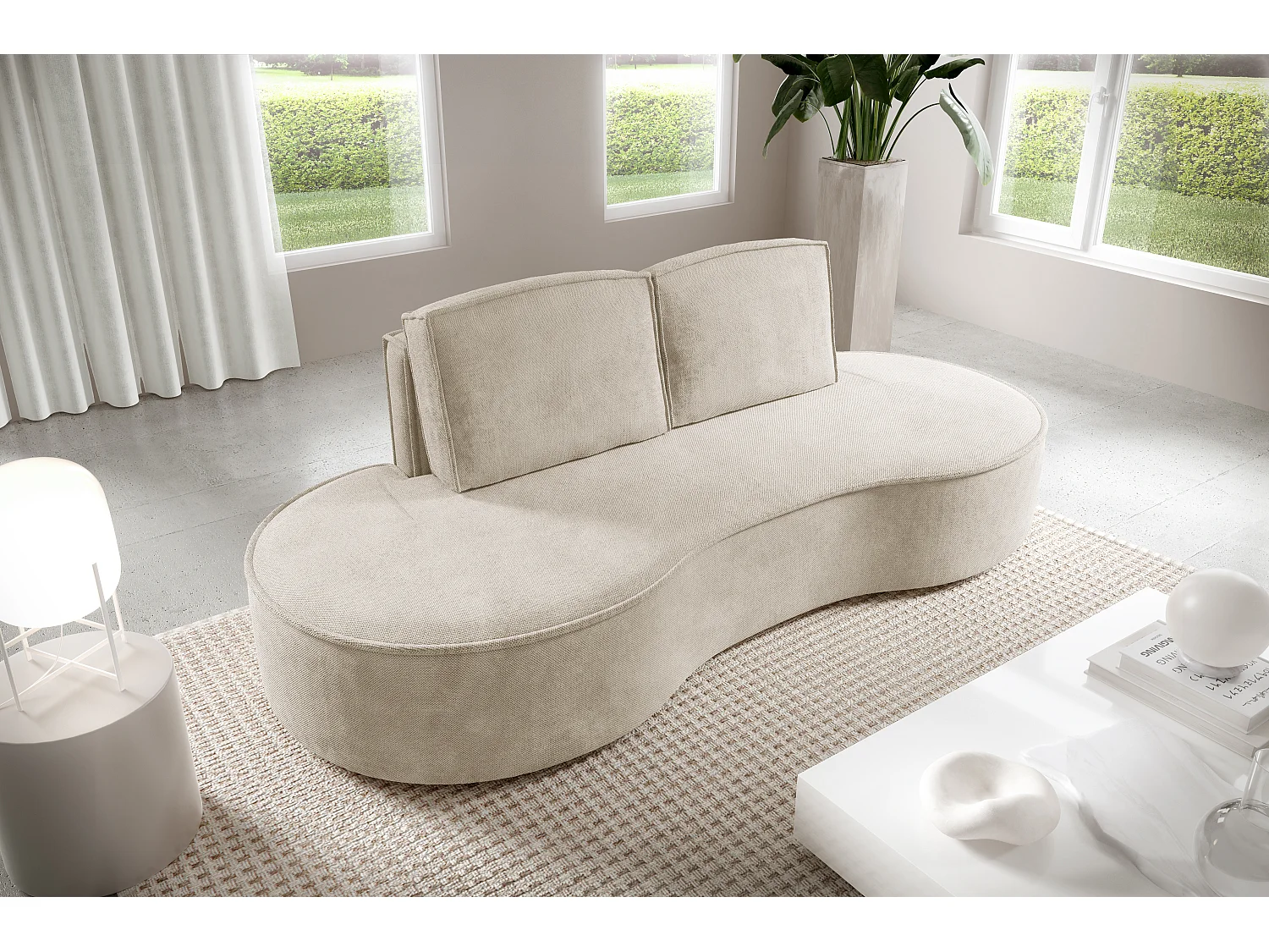 Sofa MOLLY – Halfrond vrijstaand design, 2 afneembare rugkussens, Curio-stof, afm. 234x101x88 cm, kleur: Beige