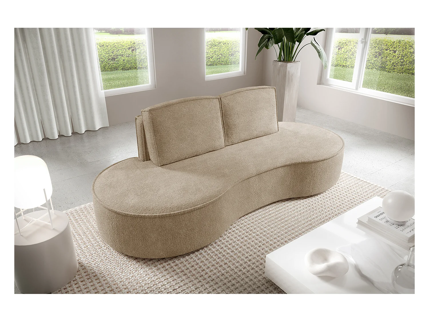 Sofa MOLLY – Halfrond vrijstaand design, 2 afneembare rugkussens, Abriamo-stof, afm. 234x101x88 cm, kleur: Beige