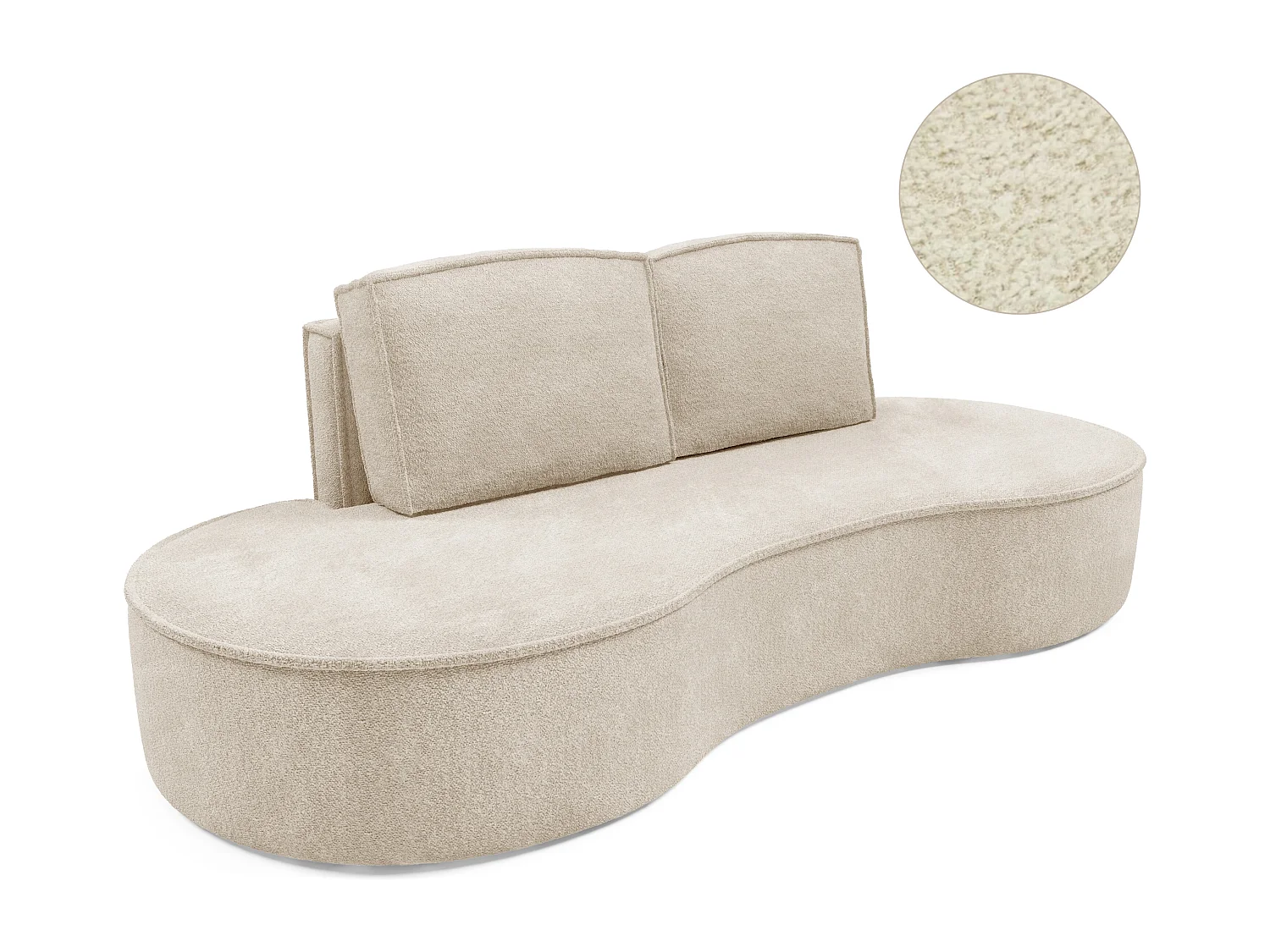 Sofa MOLLY – Halfrond vrijstaand design, 2 afneembare rugkussens, Abriamo-stof, afm. 234x101x88 cm, kleur: Beige