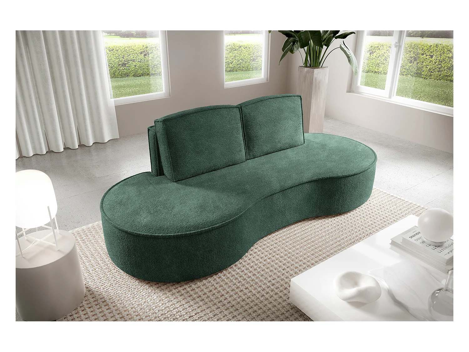 Sofa MOLLY – Design autoportant, forme arrondie, 2 coussins de dossier amovibles, tissu Abriamo, 234x101x88 cm, couleur vert