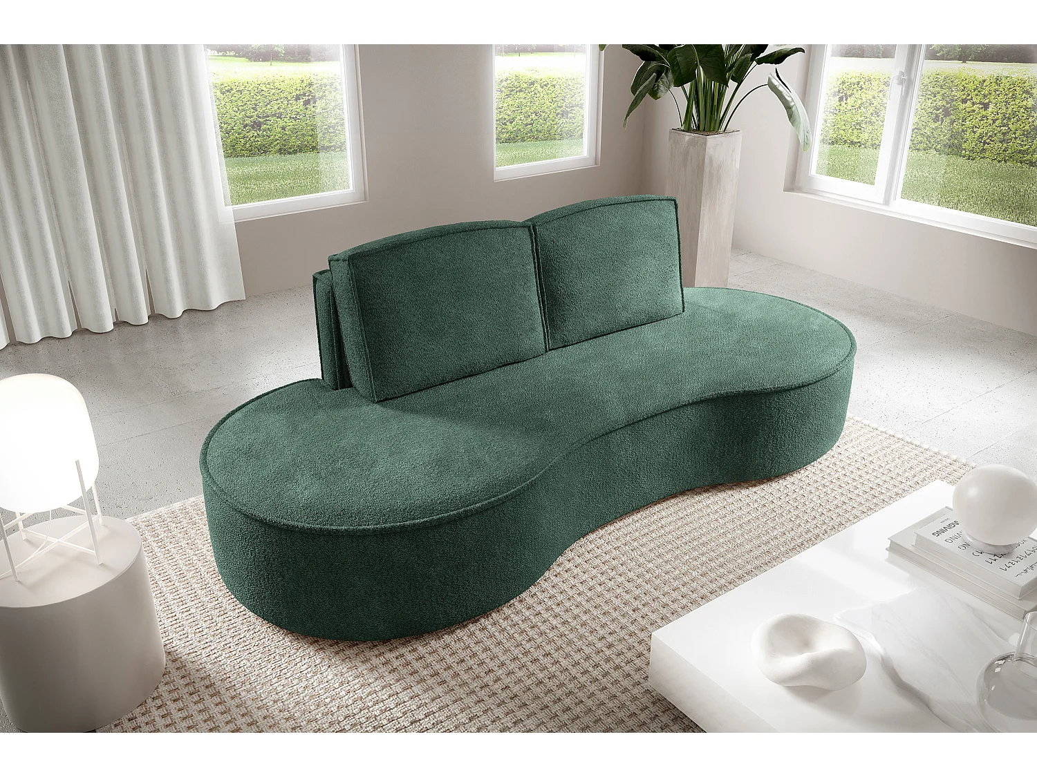 Sofa MOLLY – Halfrond vrijstaand design, 2 afneembare rugkussens, Abriamo-stof, afm. 234x101x88 cm, kleur: Groen