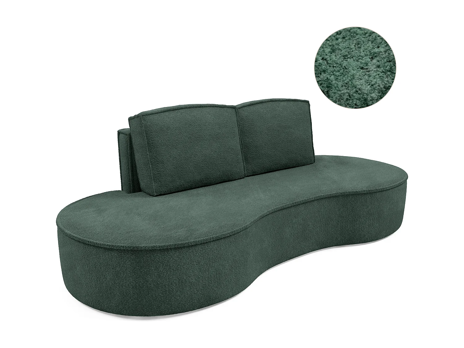 Sofa MOLLY – Halfrond vrijstaand design, 2 afneembare rugkussens, Abriamo-stof, afm. 234x101x88 cm, kleur: Groen