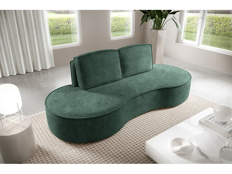Sofa MOLLY – Halfrond vrijstaand design, 2 afneembare rugkussens, Abriamo-stof, afm. 234x101x88 cm, kleur: Groen