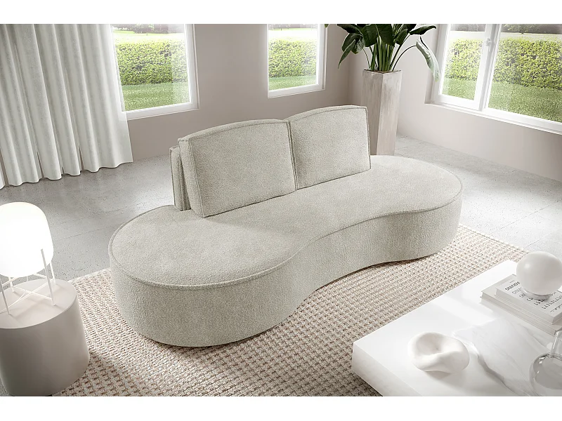 Sofa Molly – Freistehendes Halbrunde Ausführung Designsofa mit zwei eleganten abnehmbaren RückenKissen Abriamo Stoff Größe: 234x101x88 cm Farbe: Weiß