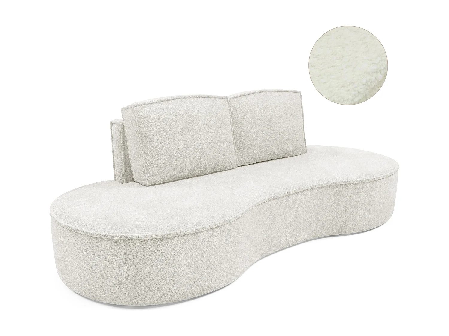 Sofa MOLLY – Halfrond vrijstaand design, 2 afneembare rugkussens, Abriamo-stof, afm. 234x101x88 cm, kleur: Wit