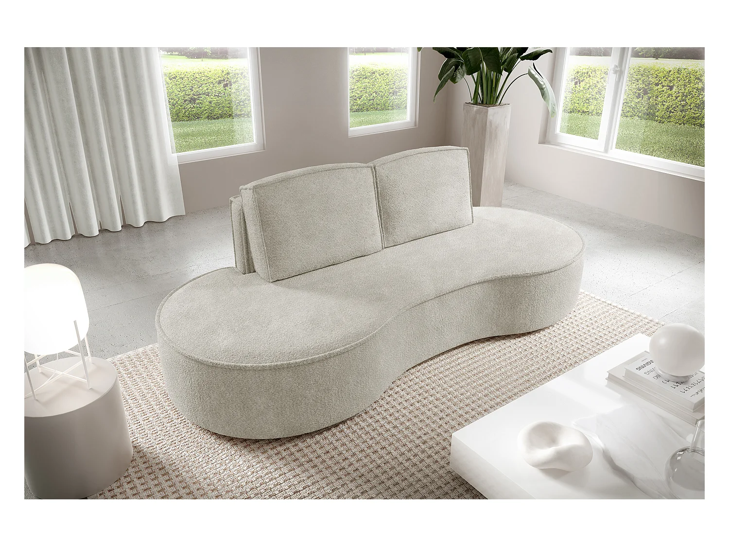 Sofa MOLLY – Design autoportant, forme arrondie, 2 coussins de dossier amovibles, tissu Abriamo, 234x101x88 cm, couleur blanc