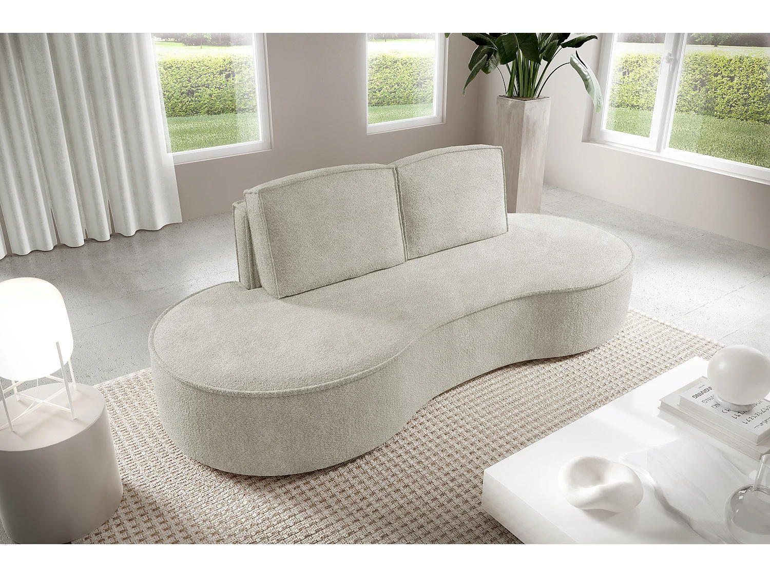 Sofa Molly – Freistehendes Halbrunde Ausführung Designsofa mit zwei eleganten abnehmbaren RückenKissen Abriamo Stoff Größe: 234x101x88 cm Farbe: Weiß