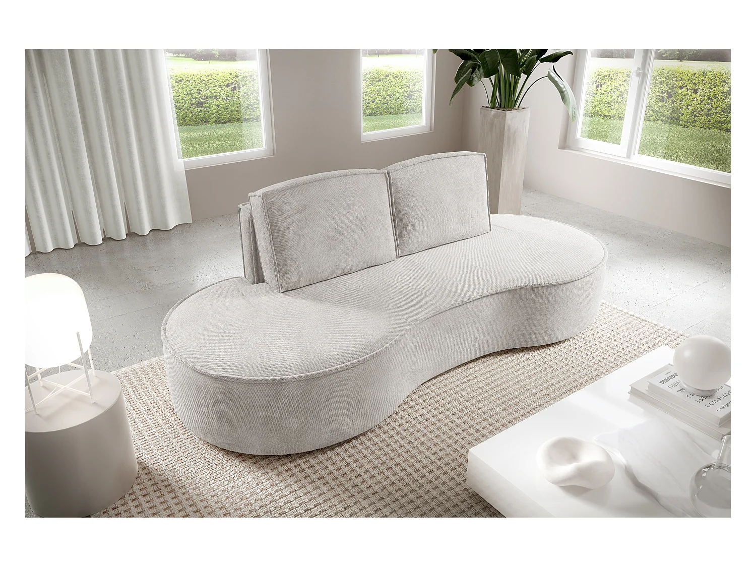 Sofa MOLLY – Halfrond vrijstaand design, 2 afneembare rugkussens, Curio-stof, afm. 234x101x88 cm, kleur: Wit