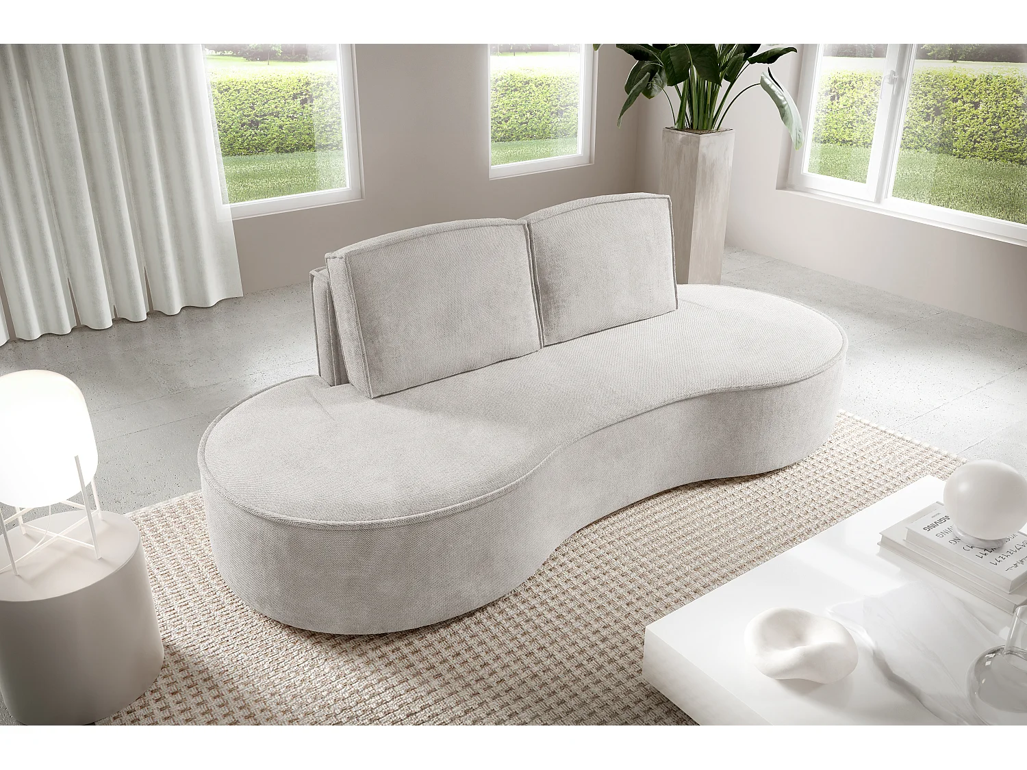 Sofa MOLLY – Halfrond vrijstaand design, 2 afneembare rugkussens, Curio-stof, afm. 234x101x88 cm, kleur: Wit