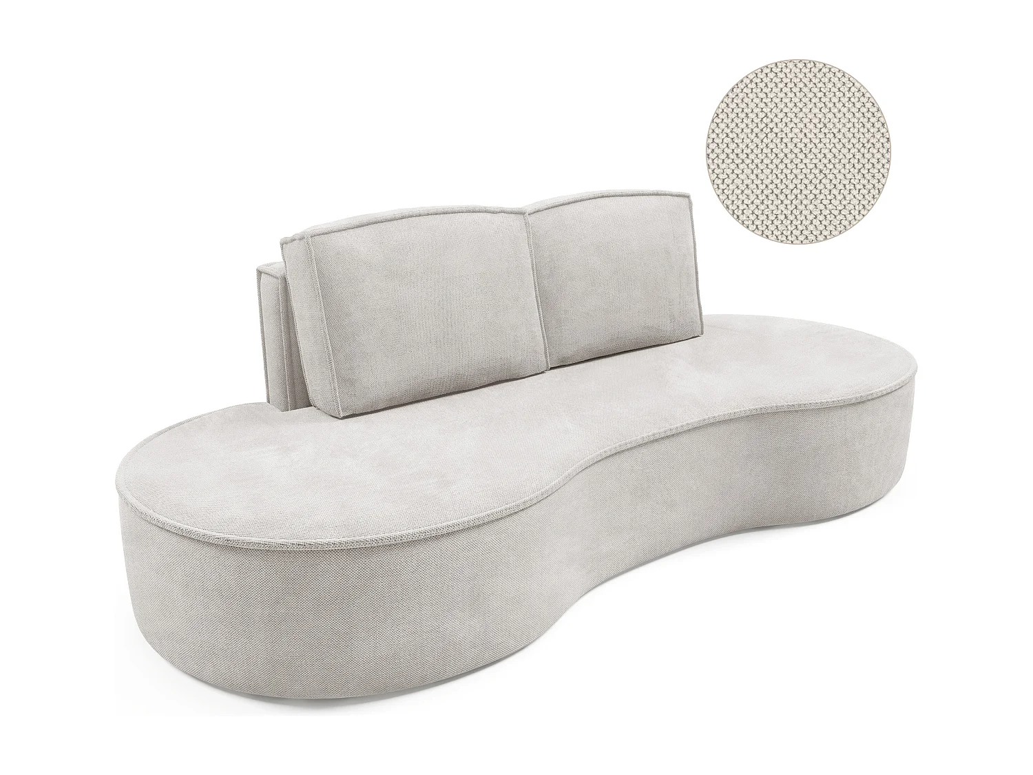 Sofa MOLLY – Halfrond vrijstaand design, 2 afneembare rugkussens, Curio-stof, afm. 234x101x88 cm, kleur: Wit