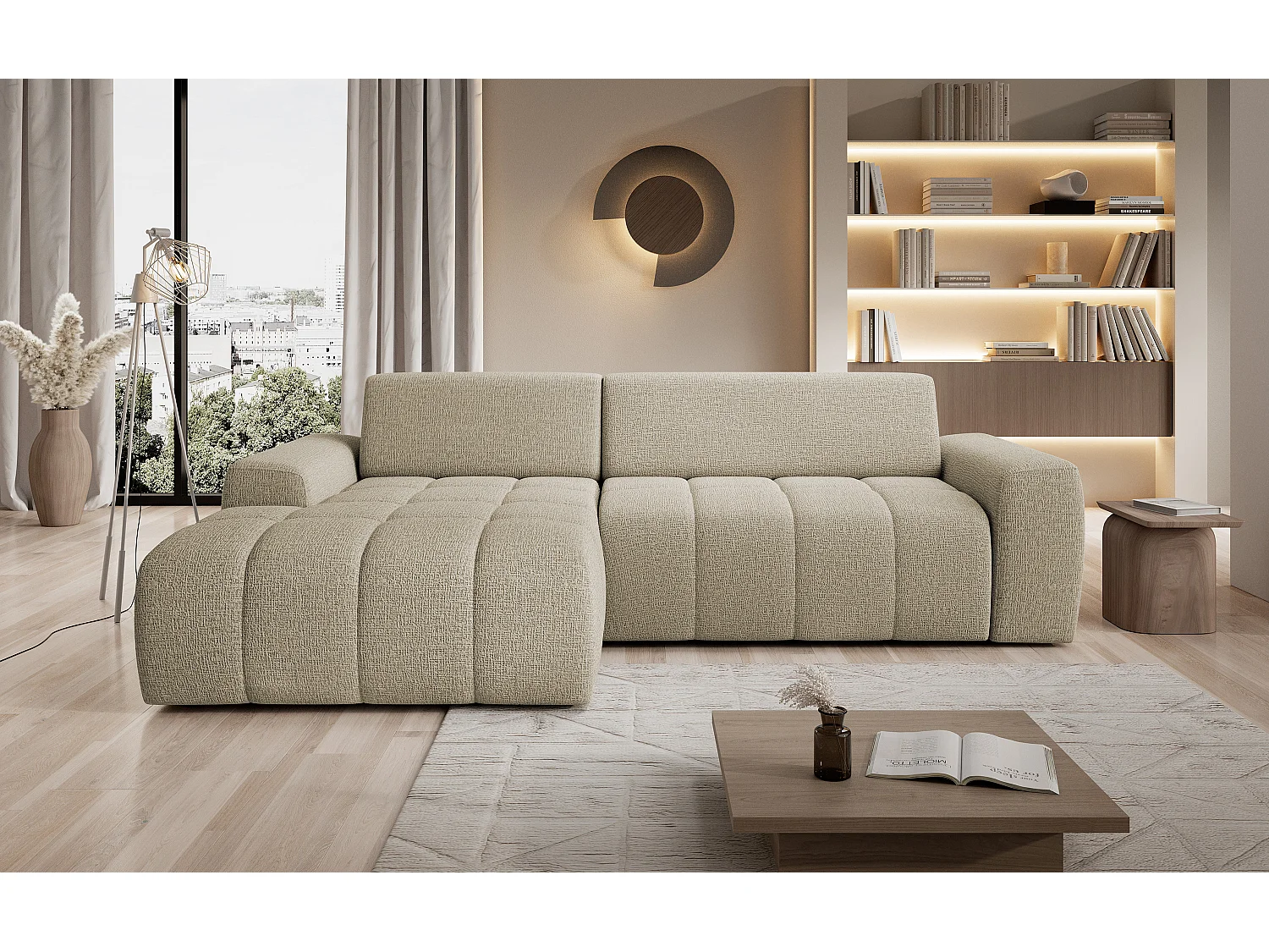 Canapé d'angle Savio indépendant, tissu Kansas résistant, dim. 265x172x81cm, couchage 206x92cm, côté gauche, beige foncé