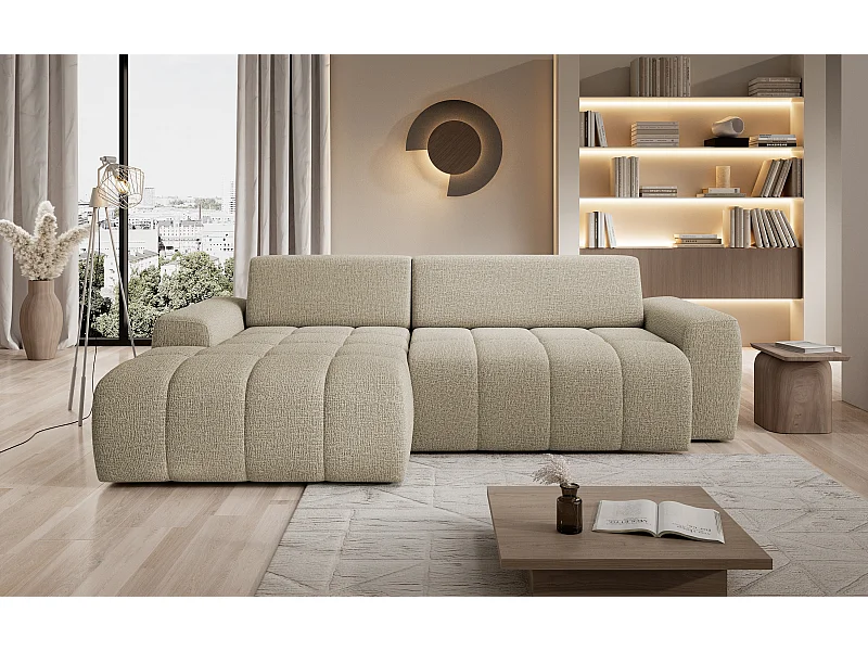 Canapé d'angle Savio indépendant, tissu Kansas résistant, dim. 265x172x81cm, couchage 206x92cm, côté gauche, beige foncé