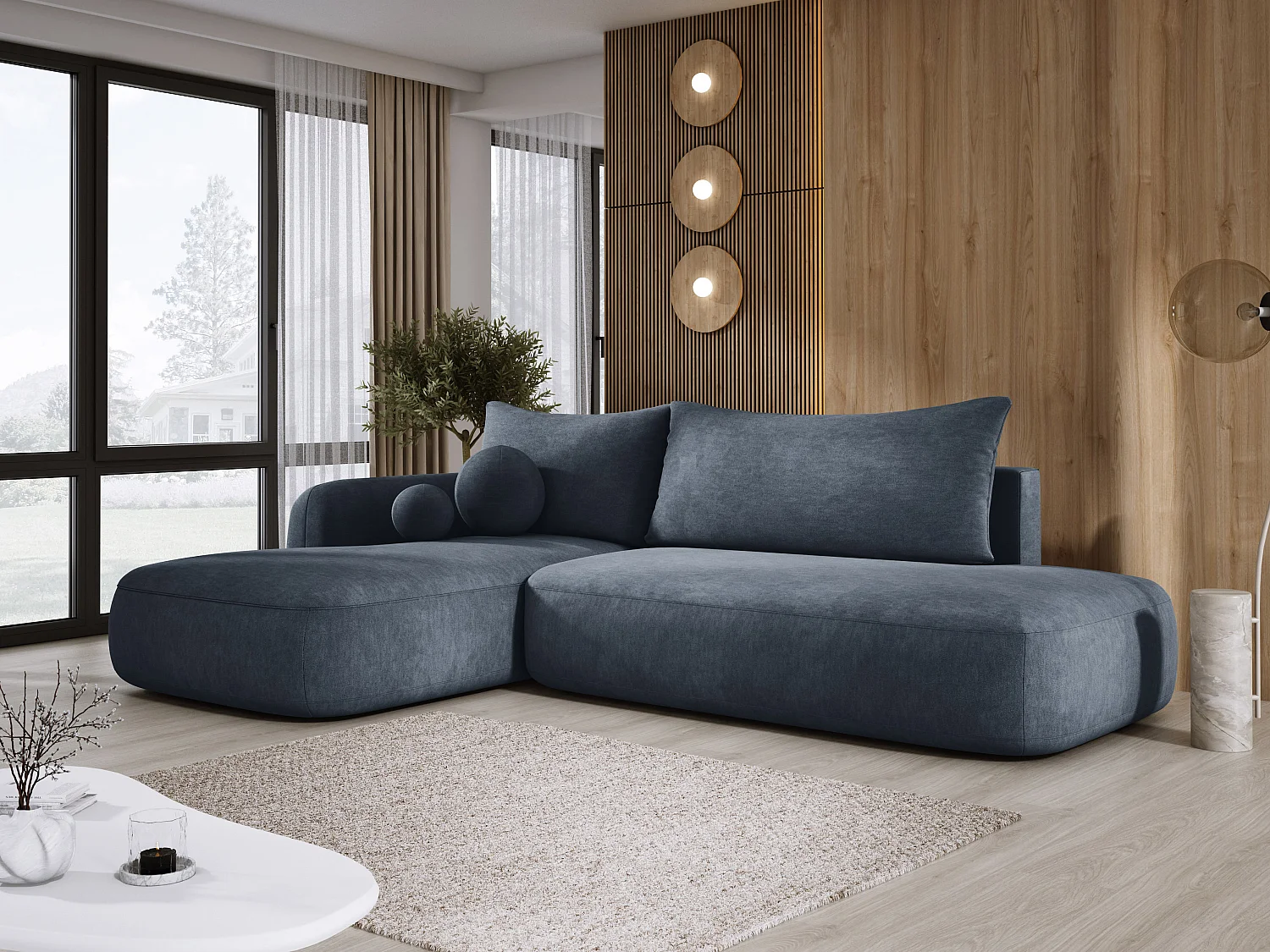 Narożnik BABU z funkcją spania – nowoczesna sofa do salonu, materiał CLOUD, 300x105x60 cm, lewa strona, Grafitowy