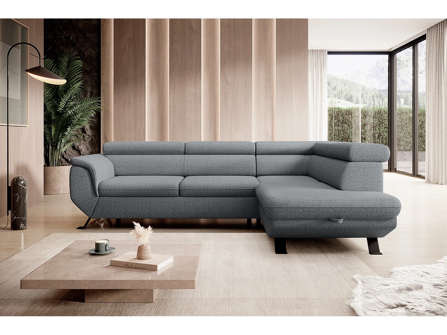 ECKSOFA RAVEN L mit Schlaffunktion und Bettkasten, Freistehend, Polstersofa mit Verstellbaren Kopfstützen, 257x198x96 cm, Rechte Seite, Grau