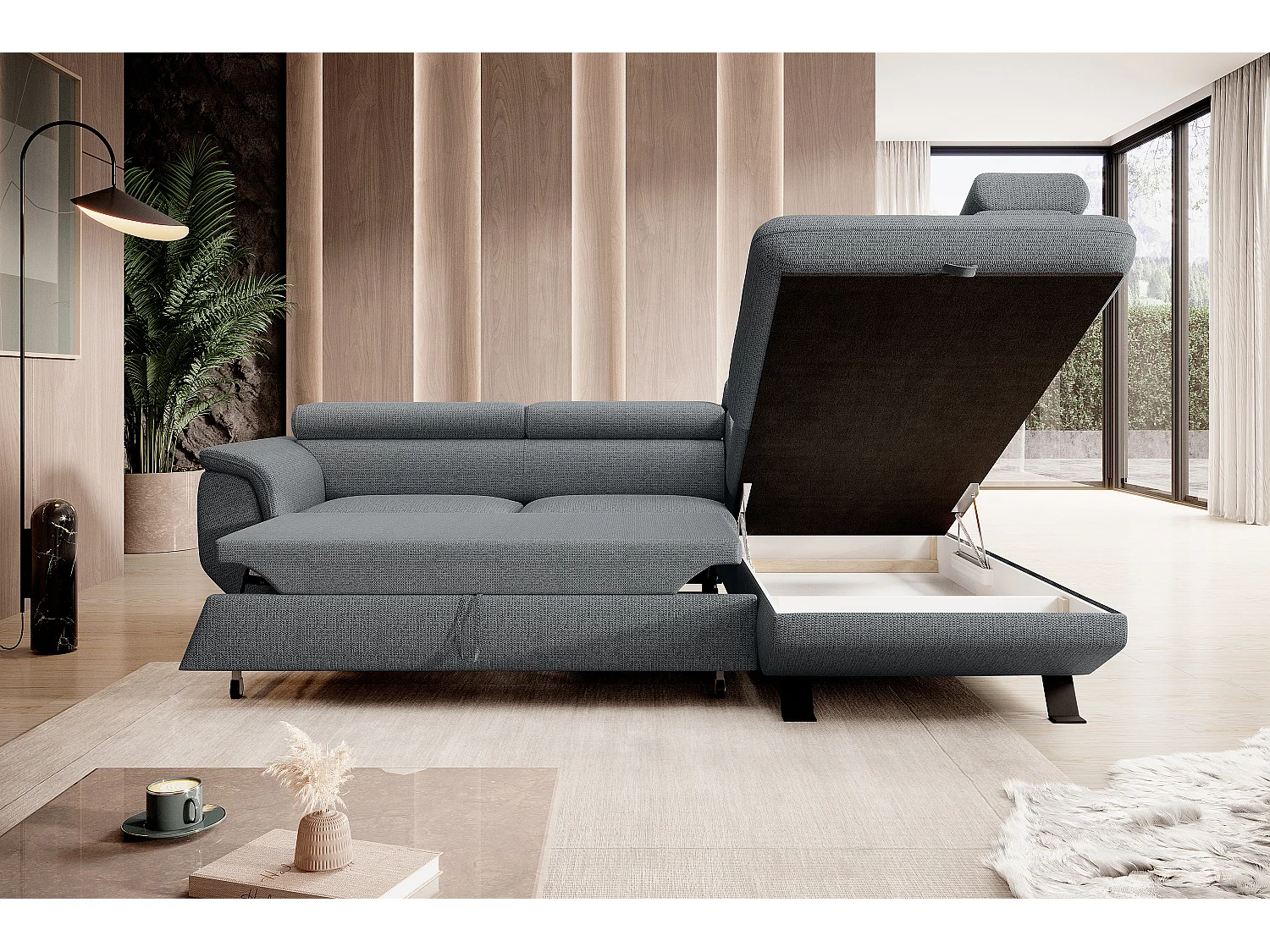 ECKSOFA RAVEN L mit Schlaffunktion und Bettkasten, Freistehend, Polstersofa mit Verstellbaren Kopfstützen, 257x198x96 cm, Rechte Seite, Grau