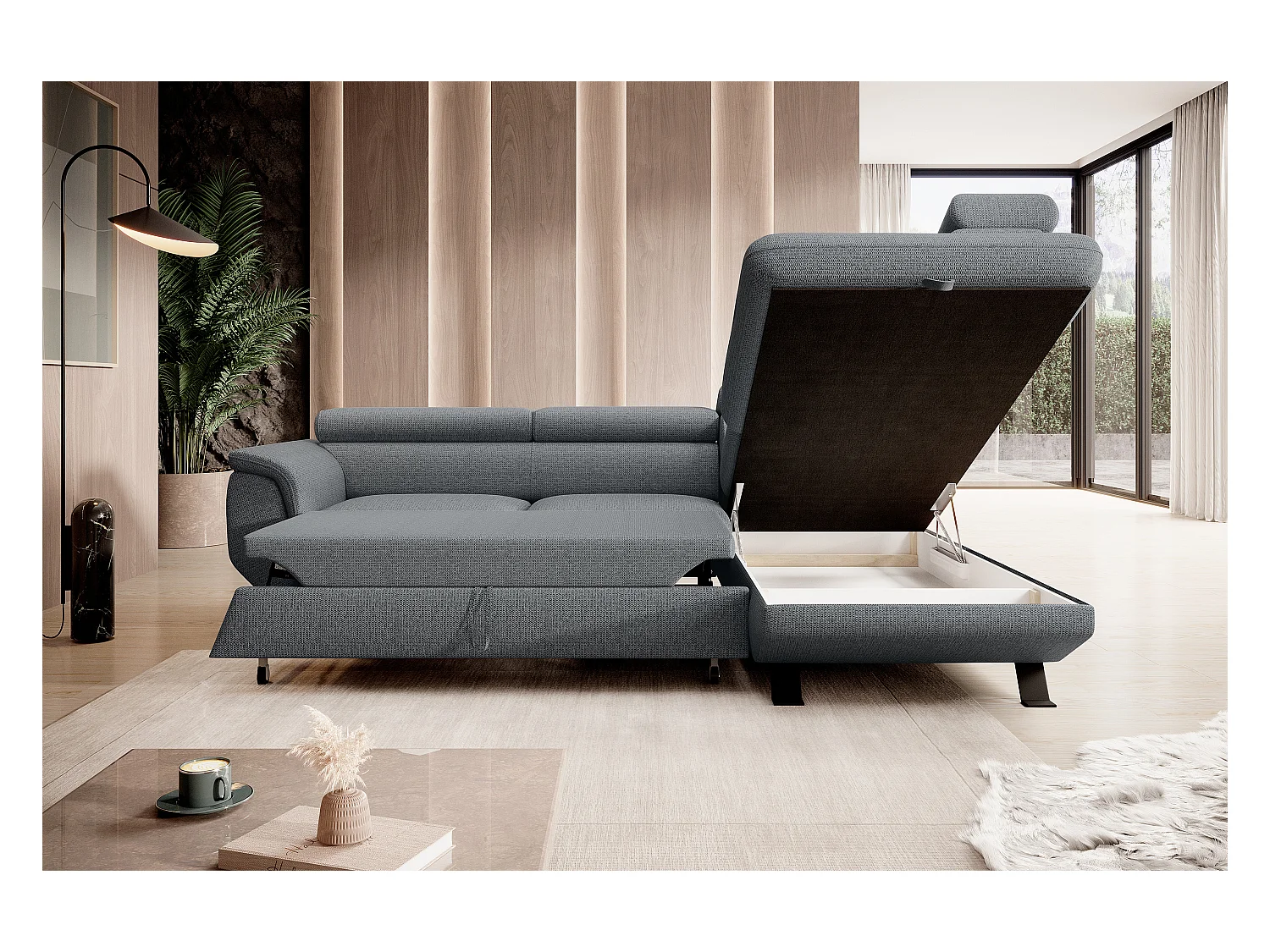 Canapé RAVEN L avec fonction de couchage, compartiment à literie, indépendant, rembourré avec têtières réglables 257x198x96 cm Côté droit Gris