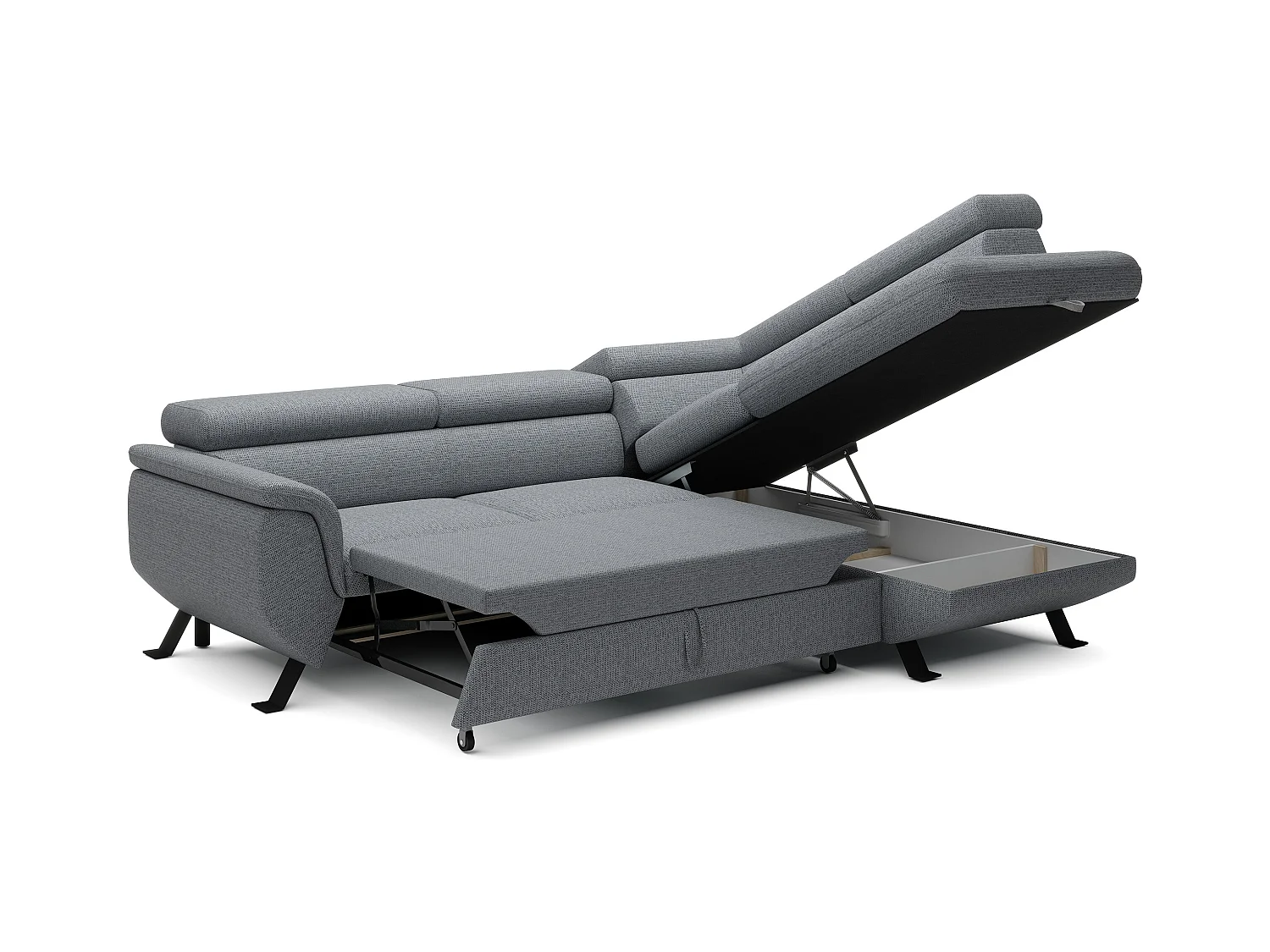 Canapé RAVEN L avec fonction de couchage, compartiment à literie, indépendant, rembourré avec têtières réglables 257x198x96 cm Côté droit Gris