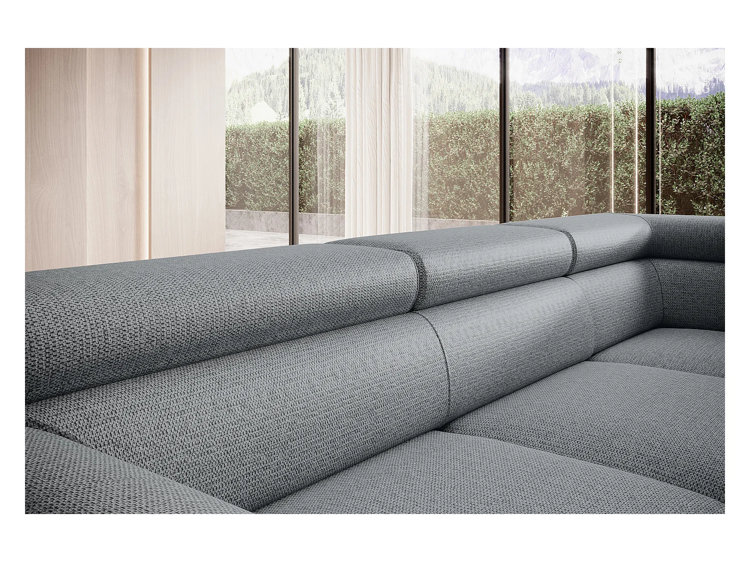 Canapé RAVEN L avec fonction de couchage, compartiment à literie, indépendant, rembourré avec têtières réglables 257x198x96 cm Côté droit Gris